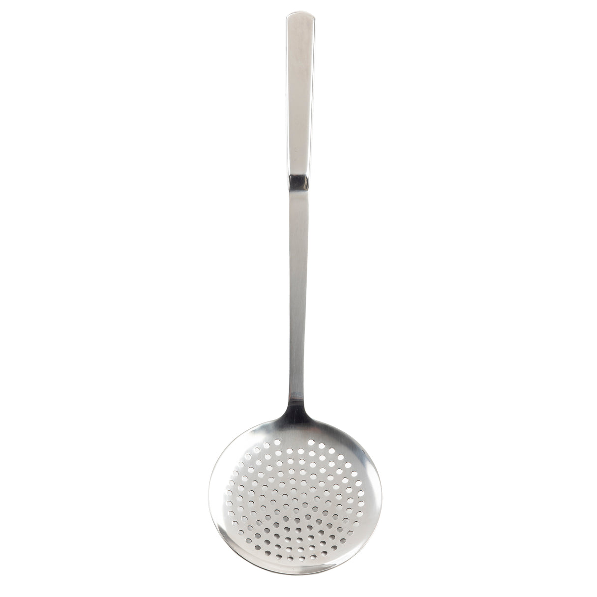 A stainless steel skimmer spoon from the Holden Collection Skimmer line features a long handle and a round, flat, perforated head for straining or lifting food from hot liquids. Its shiny surface gleams on a plain white background.