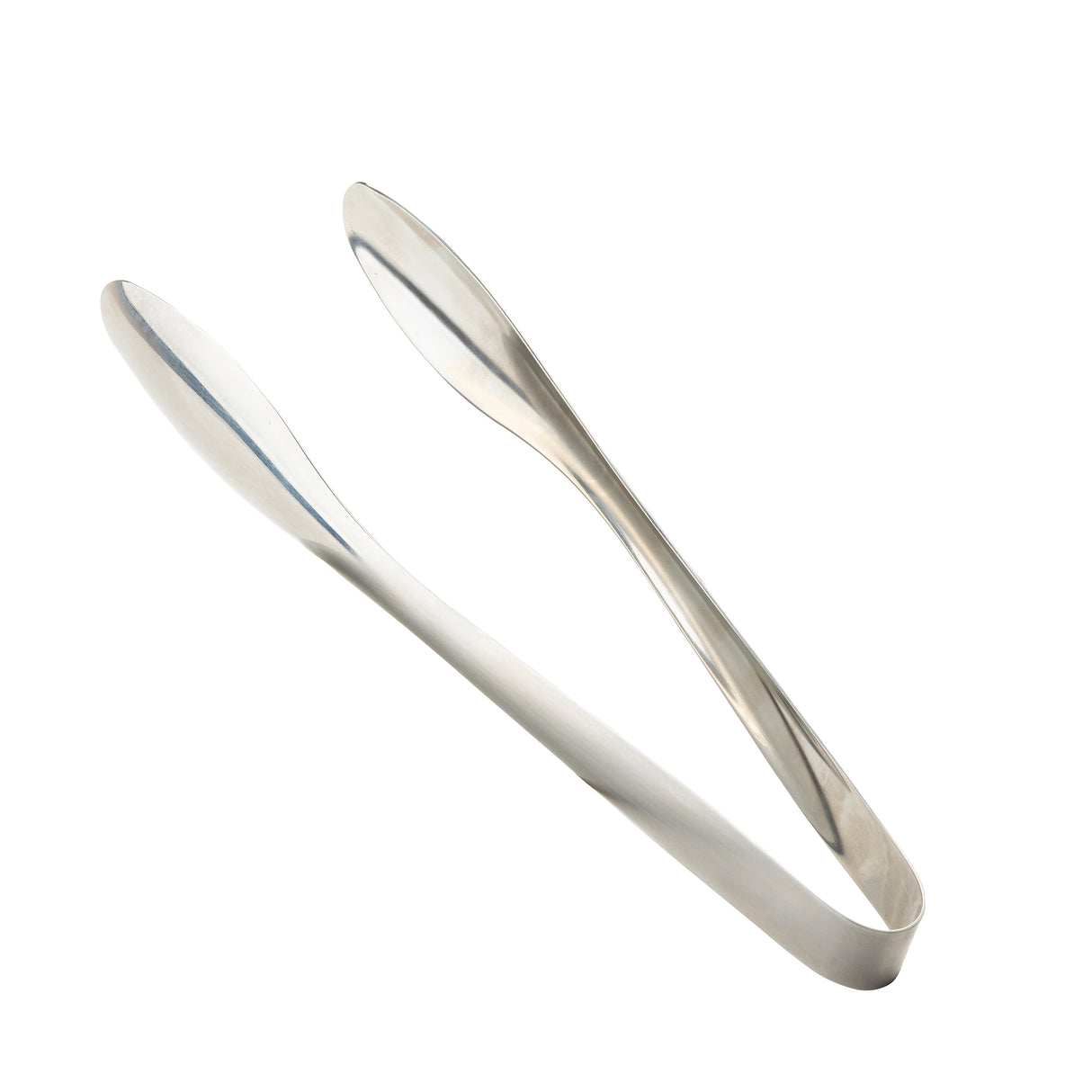 A pair of sleek Holden Collection Tongs by TableCraft Products, featuring a simple, modern design. These stainless steel tongs have oval-shaped gripping ends and a smooth, curved handle, crafted from a single piece of shiny metal.