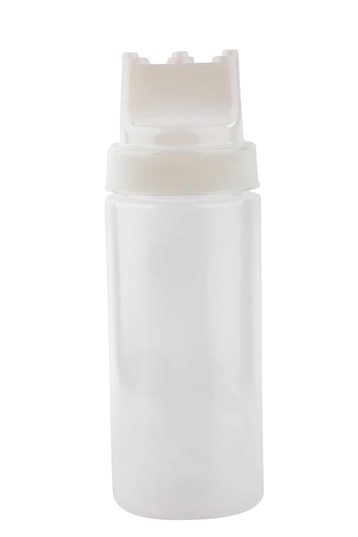 A translucent 16 oz. WideMouth Squeeze Bottle with a white flip-top cap stands upright against a plain white background, lid open to reveal the dispensing spout. This unmarked, cylindrical bottle is dishwasher safe for easy cleaning.
