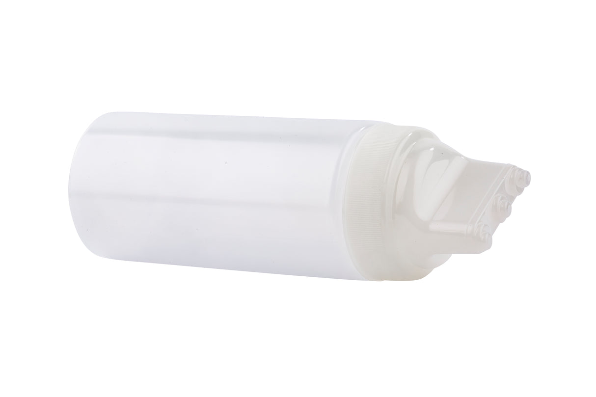 A clear, empty 16 oz. WideMouth Squeeze Bottle with a white flip-top cap is shown lying on its side against a plain white background. The cap is closed, the bottle has a cylindrical shape, and it is dishwasher safe for easy cleaning.