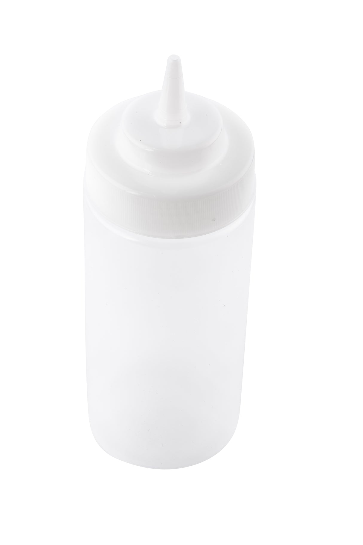 A translucent 16 oz squeeze bottle with a white screw-on cap and pointed nozzle tip, ideal for dispensing condiments or sauces. This WideMouth Squeeze Bottle stands upright on a white background.