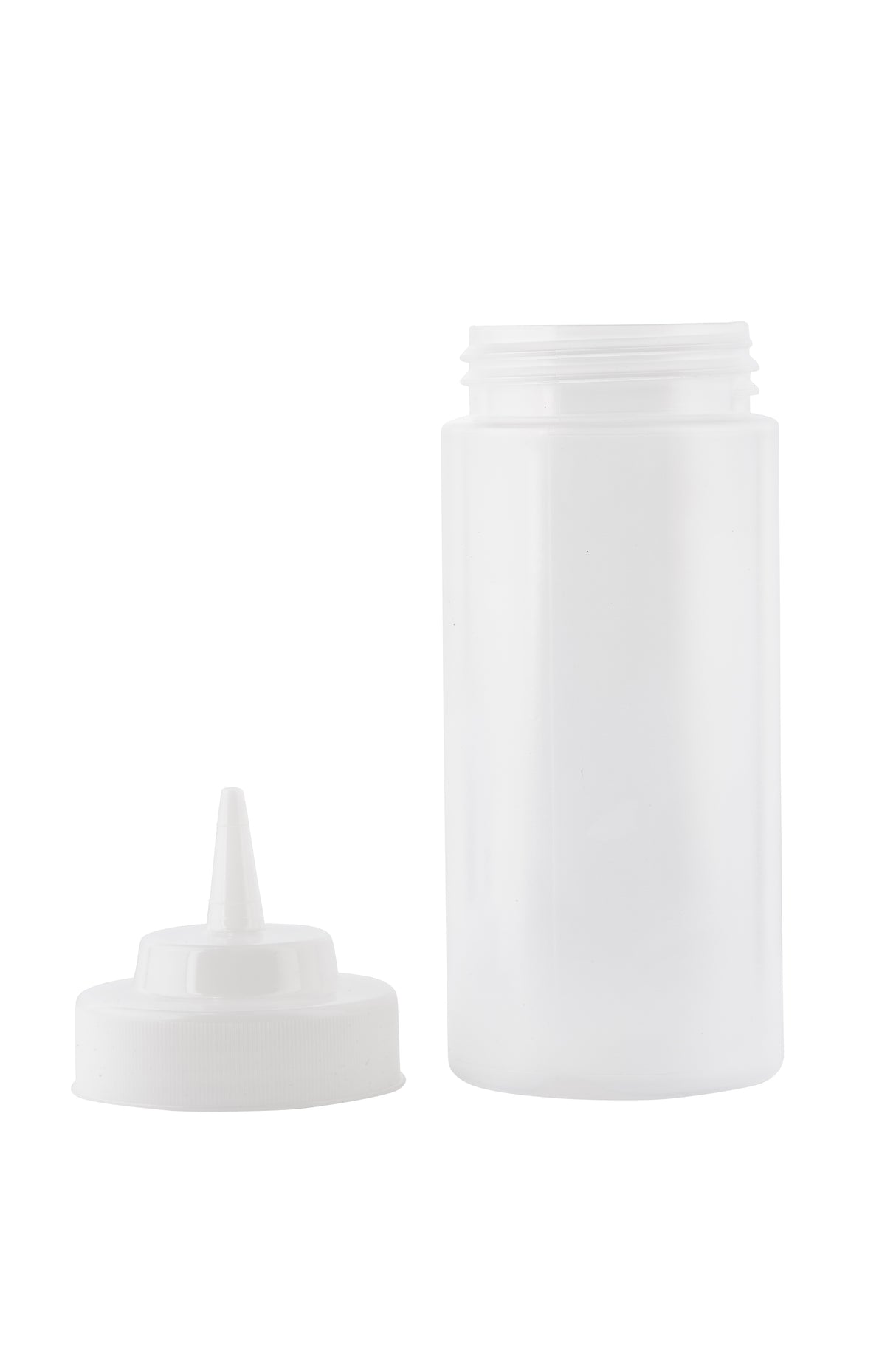 A translucent, empty 16 oz squeeze bottle stands upright with a narrow, pointed nozzle cap beside it. The WideMouth Squeeze Bottle’s screw top is open, and both the bottle and cap are white on a plain white background.