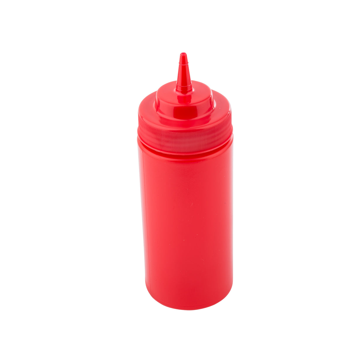 A red, cylindrical 16 oz squeeze bottle with a pointed nozzle cap, typically used for condiments like ketchup or sauce, stands upright on a white background. It features a ribbed section near the cap for grip and is dishwasher safe.