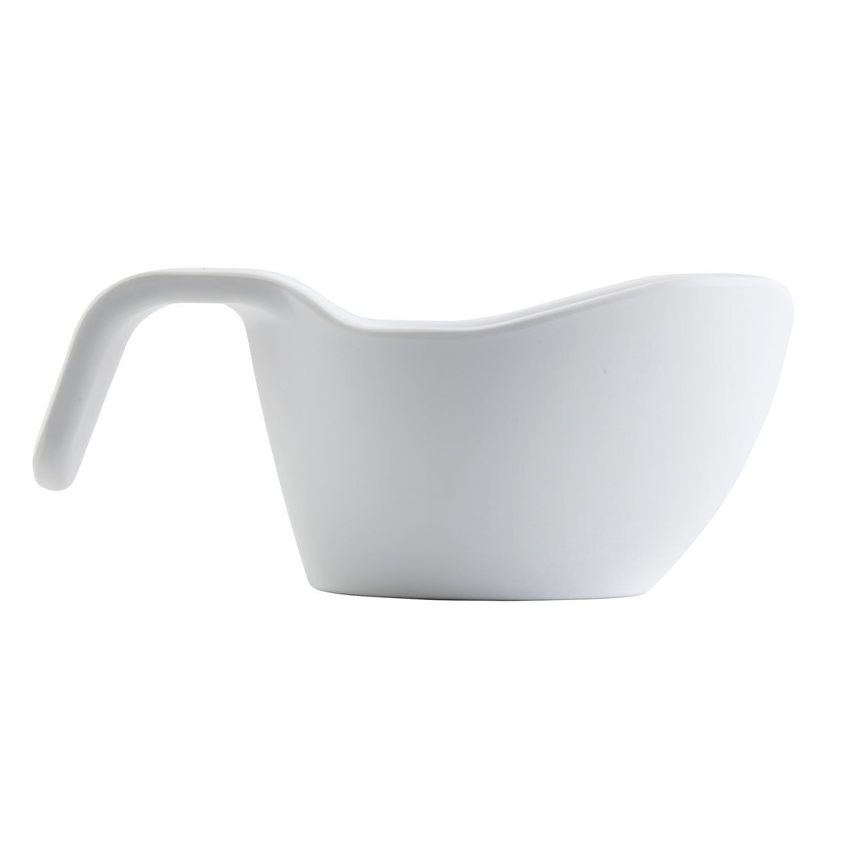 A white, modern measuring cup made of durable melamine with a built-in angled handle extending from the rim. Featuring a smooth surface and minimalist design, this dishwasher safe cup is photographed against a plain white background.