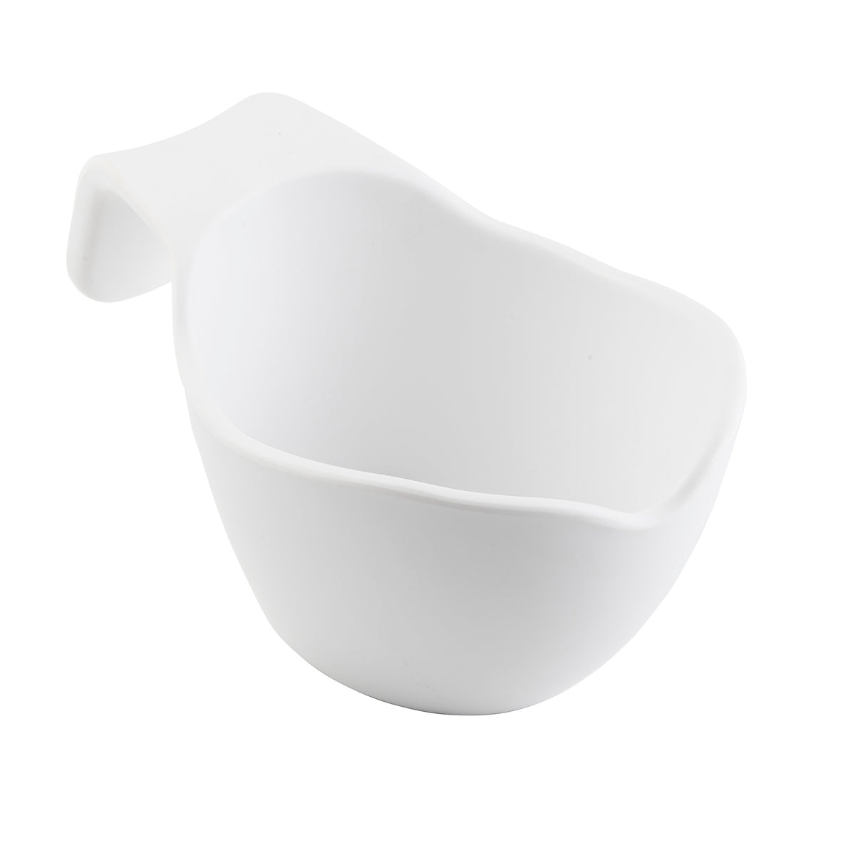 White ceramic sauce boat with a wide, rounded shape and an extended flat handle on one side, photographed on a plain white background. The handle curves upward for easy gripping, and the bowl has smooth, slightly irregular edges.