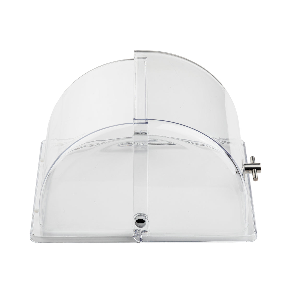 A clear, rectangular acrylic display case with a domed, hinged polycarbonate cover and a metal handle on the right side, viewed from the front. The lid is partially open, and the case rests on a flat, transparent base.