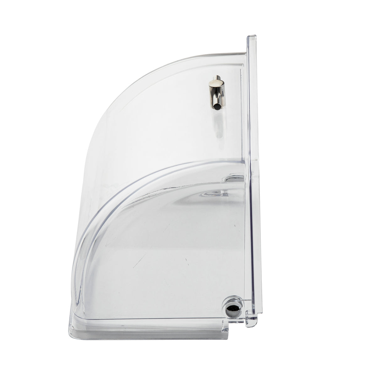 A clear, curved polycarbonate cover display case is shown from the side. It features a hinged lid with a small silver lock at the top and a visible hinge mechanism at the bottom. The display is empty and set against a white background.