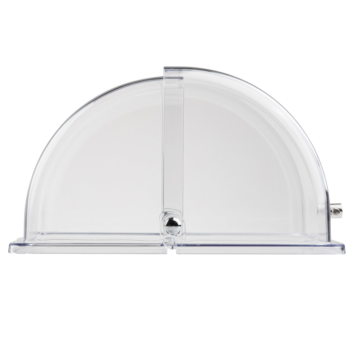 A transparent, dome-shaped acrylic display case with a flat base and a sliding door in the center, similar to a half-size polycarbonate cover, viewed from the front against a white background.