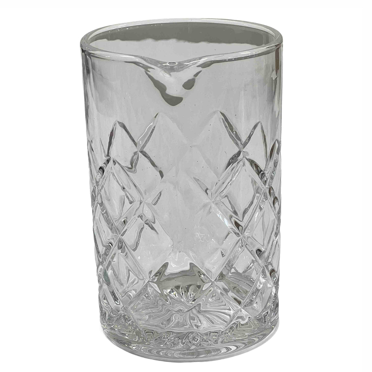 A clear glass mixing beaker from the TableCraft Waverly Collection features a wide, cylindrical shape, diamond-patterned texture, and a small spout near the rim for pouring. This elegant mixing glass sits empty on a white background.