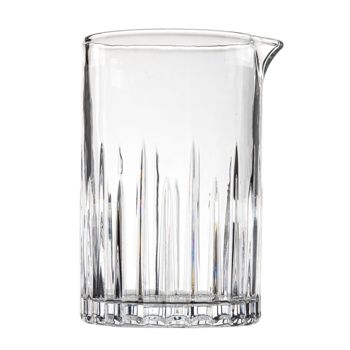 A clear 20 oz mixing glass from the TableCraft Products Waverly Collection, featuring vertical ridges along the lower half, a solid base, and a small spout for pouring. The empty pitcher sits against a plain white background.
