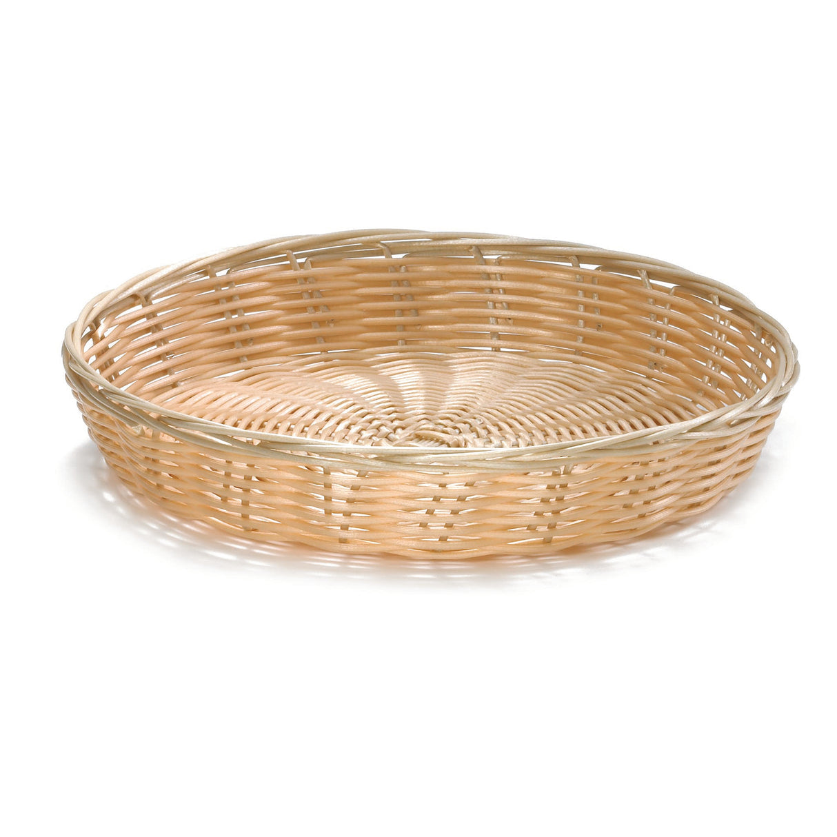A round, shallow hand-woven basket with a natural light brown color. The basket features a tightly woven pattern and a slightly raised, reinforced rim. Its flat surface is perfect for holding bread, fruit, or small items.