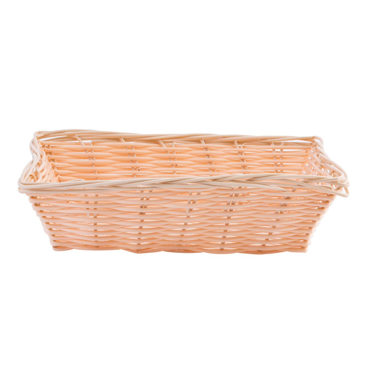 A rectangular, empty hand-woven wicker basket with a woven pattern. The light tan TableCraft 1172W basket features slightly raised edges and rounded corners, set against a plain white background.