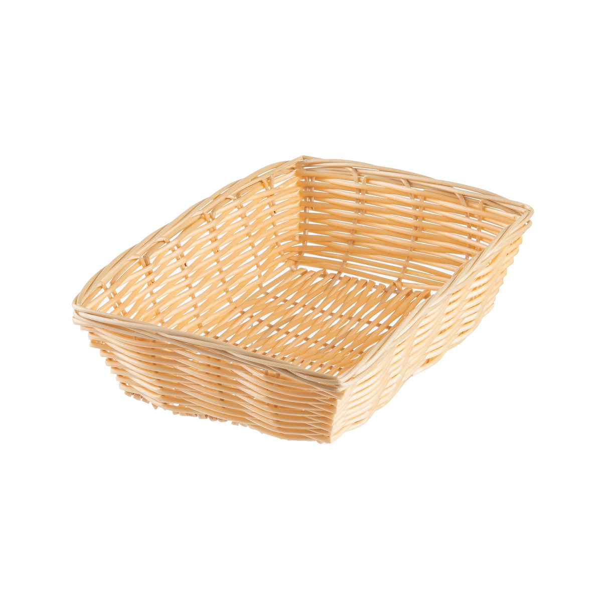 A rectangular hand-woven basket, the TableCraft 1172W features a light brown open weave and slightly rounded corners. Shown empty on a white background, this polypropylene cord basket offers the look of natural rattan.