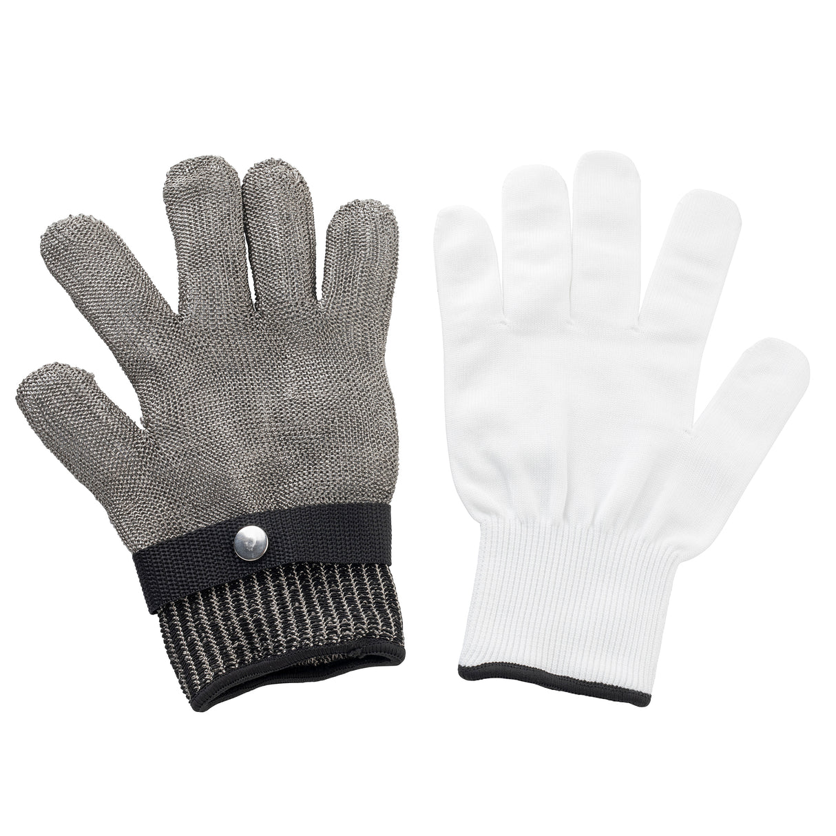 Two gloves are shown side by side: the left is a stainless steel, cut-resistant glove with mesh and a black strap, while the right is a plain white protective glove with a ribbed cuff. Both are positioned palm up.