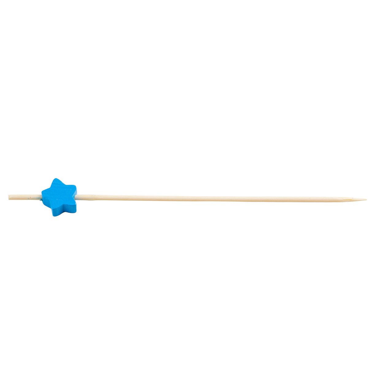 A wooden TableCraft skewer made of Natural Bamboo features a small, blue, five-pointed star near one end. This Decorative Pick includes a plastic or rubber star set off-center on the plain skewer, all against a white background.