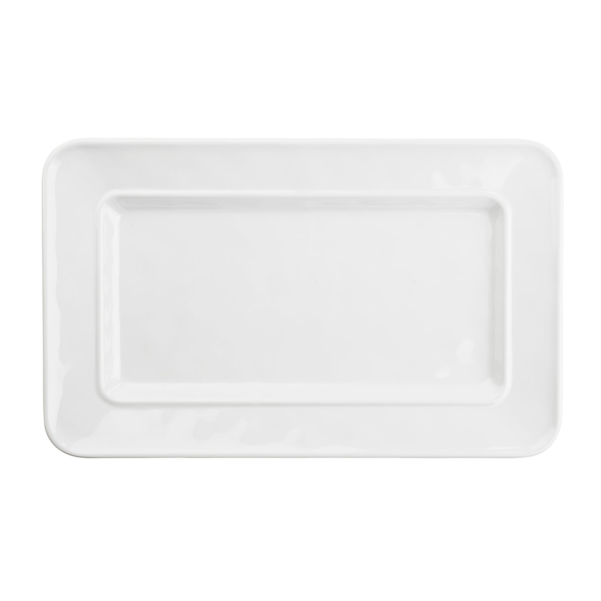 A plain, rectangular white melamine serving platter with slightly raised edges and rounded corners, viewed from above against a white background. The platter’s smooth, glossy surface reflects a bit of light.