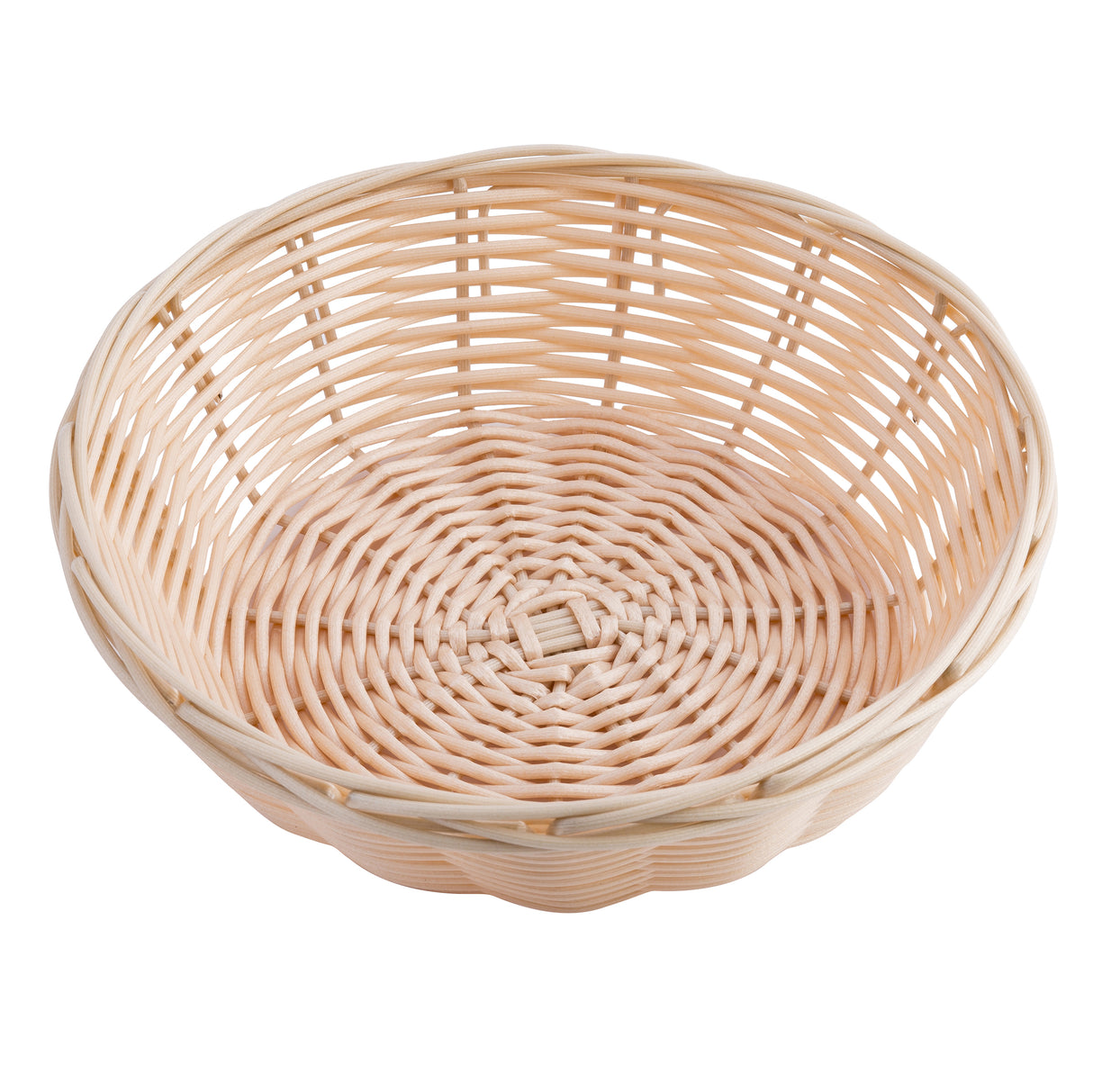 A shallow, round hand-woven basket with a natural light tan color. It features a tightly woven base, loosely woven airy sides, and a reinforced rim with a thicker band. The basket is empty.