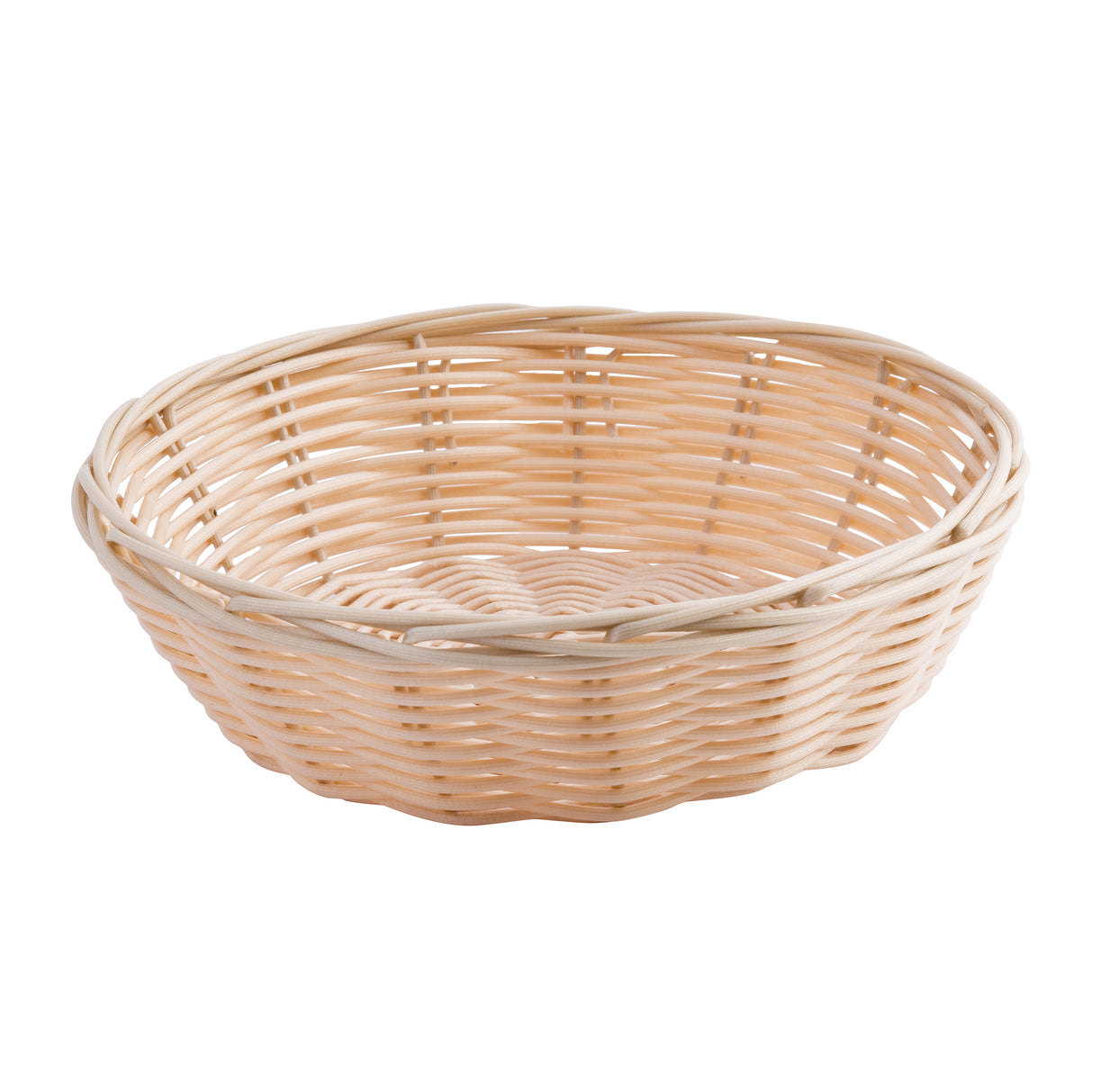 Round, shallow hand-woven basket made from light-colored material. The basket has a simple, natural appearance with an open pattern and slightly raised rim. Tightly interlaced strips form a sturdy container for versatile use.