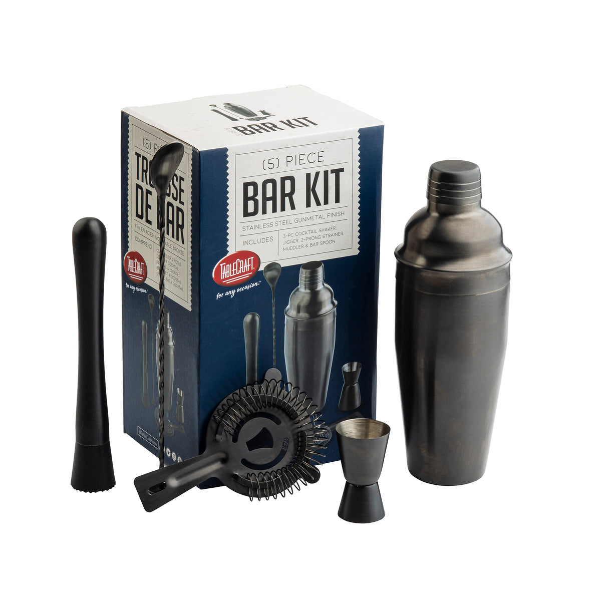 A five-piece bar kit is displayed beside its box. The kit includes a muddler, strainer, stirrer, double jigger, and a stainless steel cocktail shaker. The blue and white box features product images and “BAR KIT” in bold letters on the front.