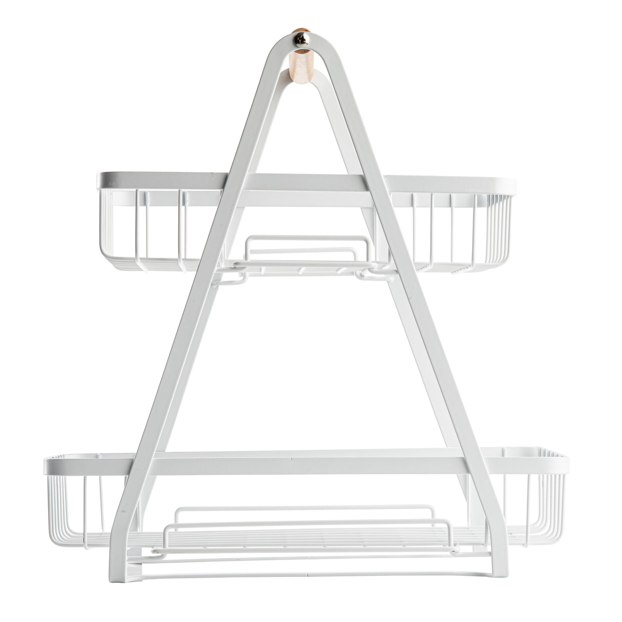 A white, two tier display basket organizer crafted from powder coated steel with an A-frame design. Each tier has basket-style sides for storage, plus a top ring for hanging. It stands on four small feet and is empty.