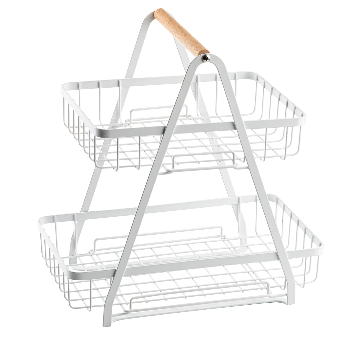 A white, two-tier powder coated steel display basket stand with a triangular frame and wooden handle on top. The open rectangular baskets are supported by the frame, perfect for organizing or displaying items in a kitchen or bathroom.