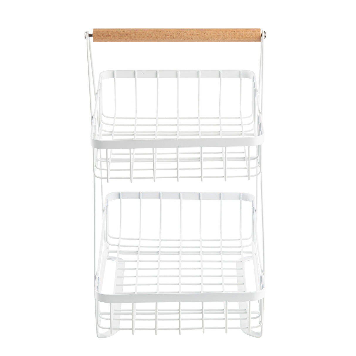 A two-tier display basket featuring a white powder coated steel frame and a light wooden handle. The open, grid-like baskets offer minimalist, modern style perfect for organizing or storing items.