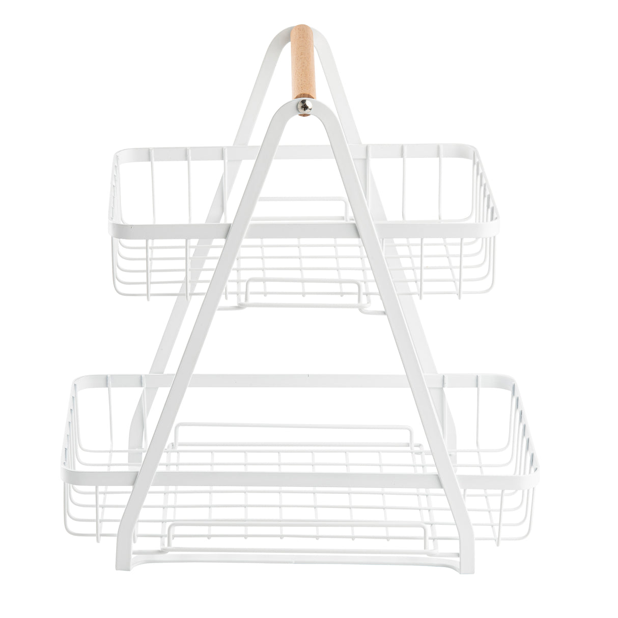 A two-tier display basket stand made from powder coated steel, shaped like an A-frame with rectangular baskets on each tier and a wooden handle for carrying. Its minimalist design is both functional and stylish, perfect for organizing or displaying items.