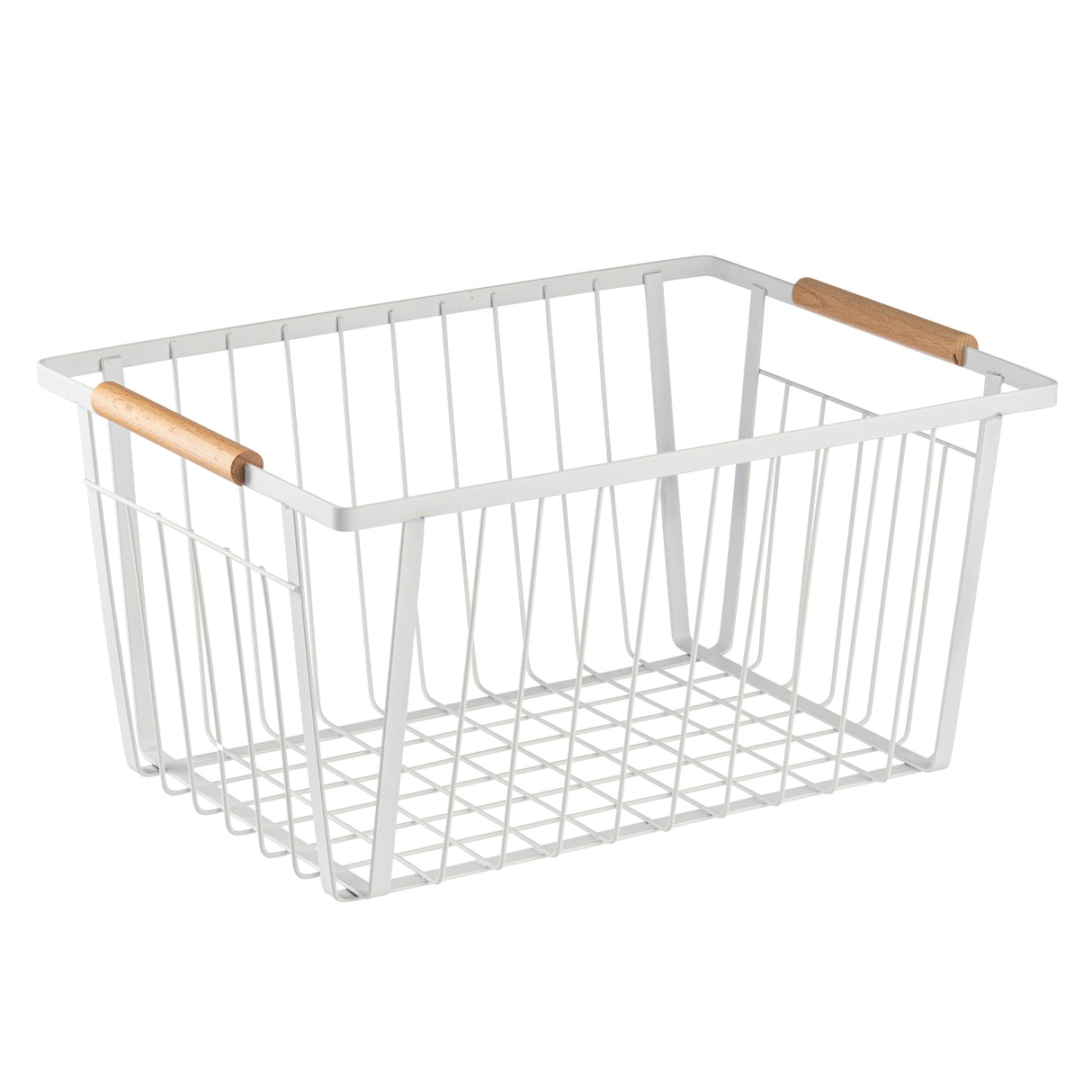 A rectangular white storage basket made of powder coated steel with a grid base and vertical sides, featuring two light brown wooden handles on opposite top edges. The basket is empty and placed against a plain white background.
