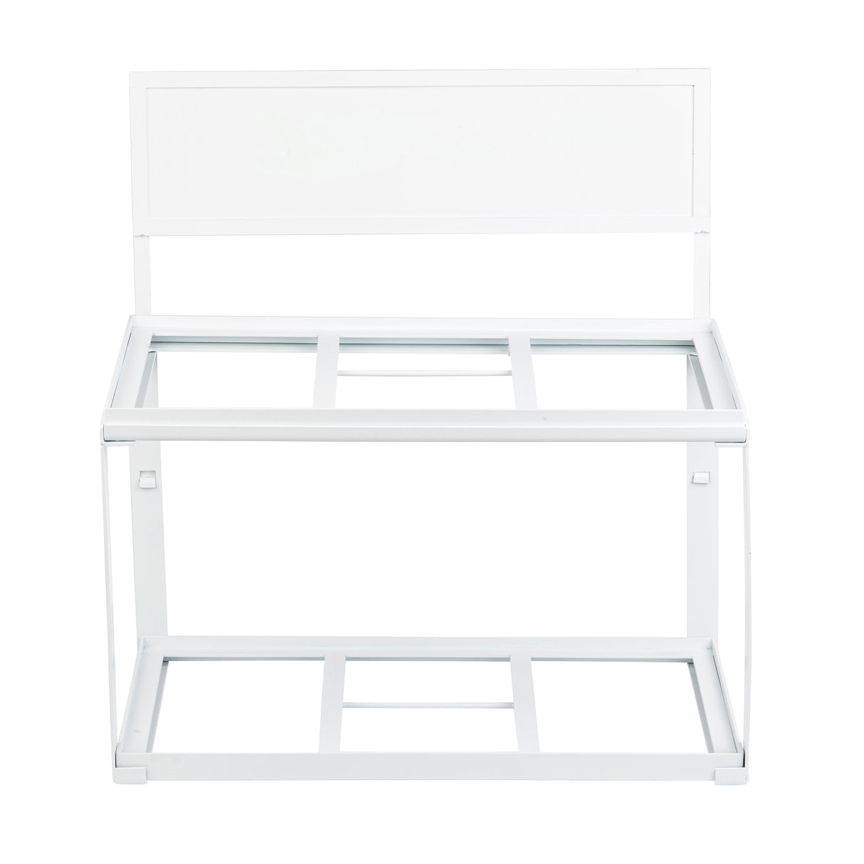A white, powder coated steel rectangular frame bench with a wide backrest and open grid seat and base. The minimal design lacks visible cushioning or panels, making it appear ready for additional assembly or to hold other components.