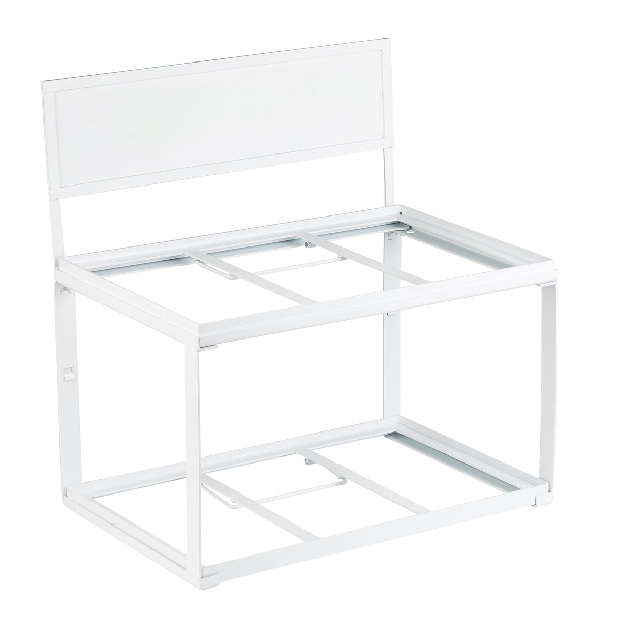 A white, rectangular powder coated steel frame with a high back panel and open sides. Minimalist and modern, it features crossbars on top and bottom, suggesting a support frame or unfinished bench—ideal for supporting tiered frames or gastronorm wood crates.
