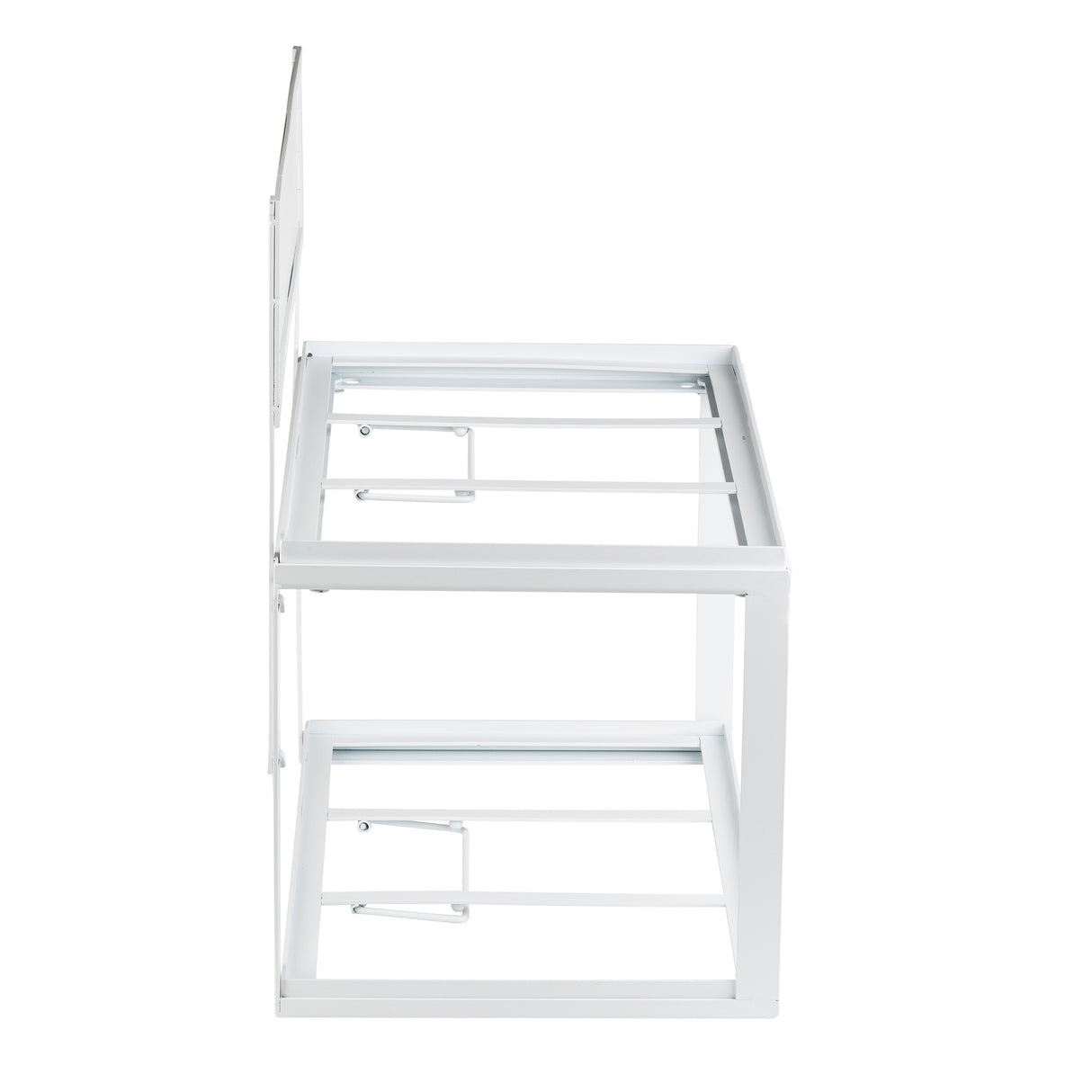 Side view of a white powder coated steel rectangular frame structure with two levels, possibly a foldable or modular stand or shelf. The tiered frame is open on all sides with horizontal support bars and small brackets visible inside.