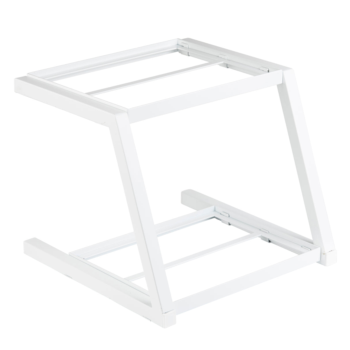A white, powder coated steel, Z-shaped stand with rectangular frame supports. Its two parallel bases are connected by a diagonal middle bar, creating an open geometric design—ideal for supporting equipment or grab and go frame crates.