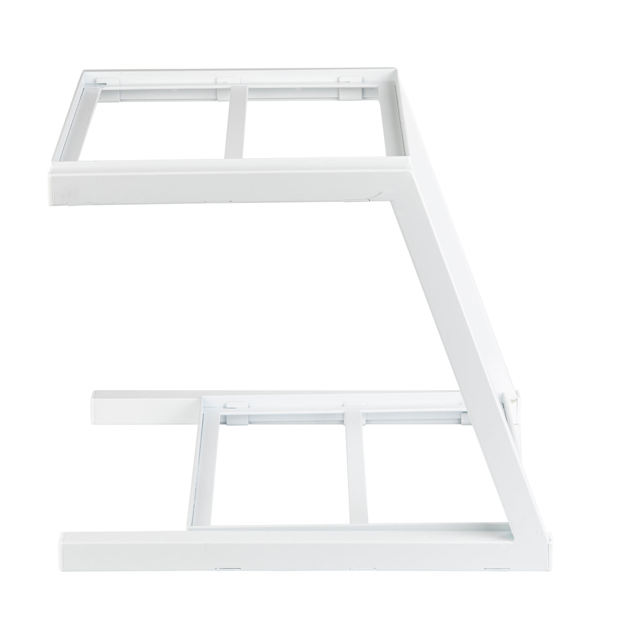 A white powder coated steel frame shaped in a modern, angular “Z” design, photographed from the side on a plain white background. The grab and go frame features two horizontal platforms and a diagonal support connecting the top and bottom sections.