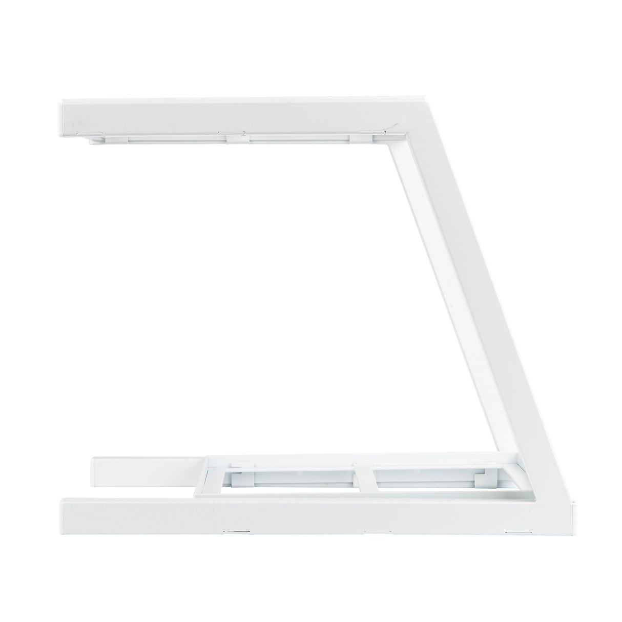 A white, modern, Z-shaped laptop stand made from powder coated steel is shown from the side against a plain white background. The angled design supports ergonomic use, while its minimalistic structure ensures sturdy, clean lines with no visible decorations.