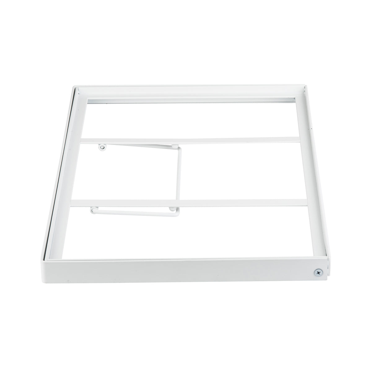 A white, rectangular tiered frame with two horizontal bars and a central angled support bar is shown on a plain white background. Made from powder coated steel, its simple design is ideal for functional or organizational use.