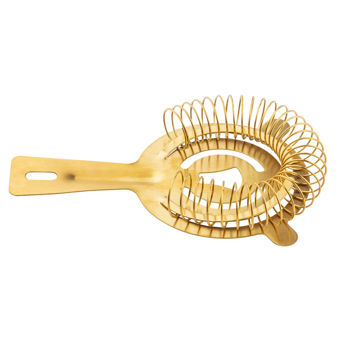 A gold stainless steel cocktail strainer with a flat handle and coiled spring fits shaker tins for smooth straining. The reflective surface and rectangular cutout on the handle add both style and function.