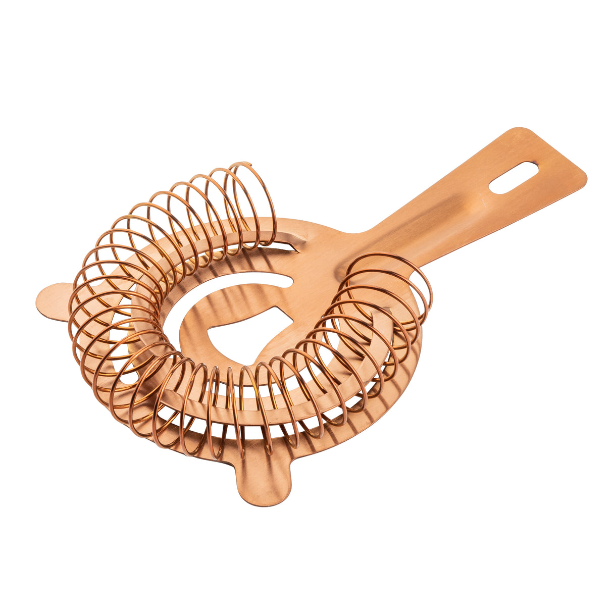 A TableCraft cocktail strainer with a flat handle and coiled spring edges. The stainless steel body features cutouts, two flat tabs, and a rectangular hanging hole. The strainer is isolated on a white background.