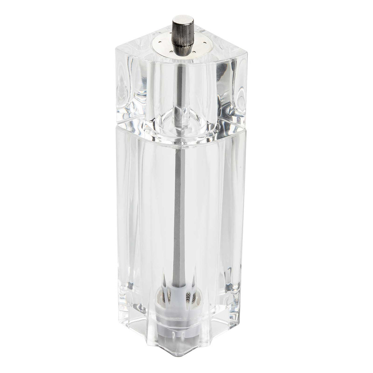 A clear, hexagonal acrylic Salt & Pepper Mill by TableCraft with smooth, flat sides. The silver metal knob on top allows easy grinding, while the central mechanism is visible through the transparent body. Stands upright on a white background.