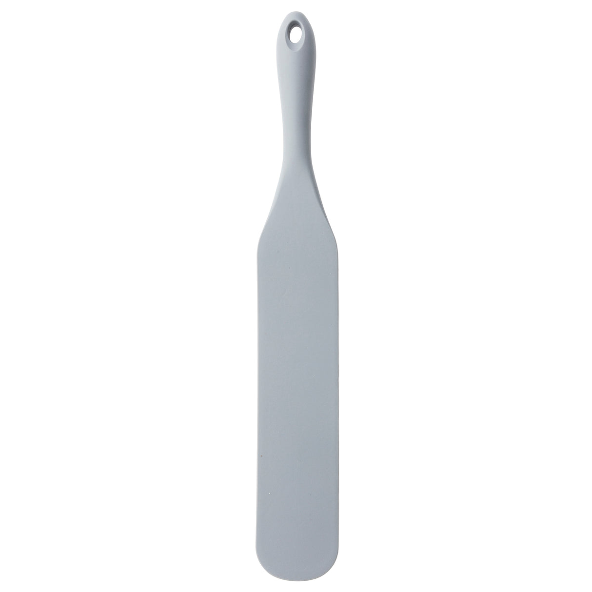 A long, flat, rectangular gray silicone spatula with a narrow handle that widens into a broad blade. The smooth, plain design is crafted from a single piece and features a small hole at the end for hanging.