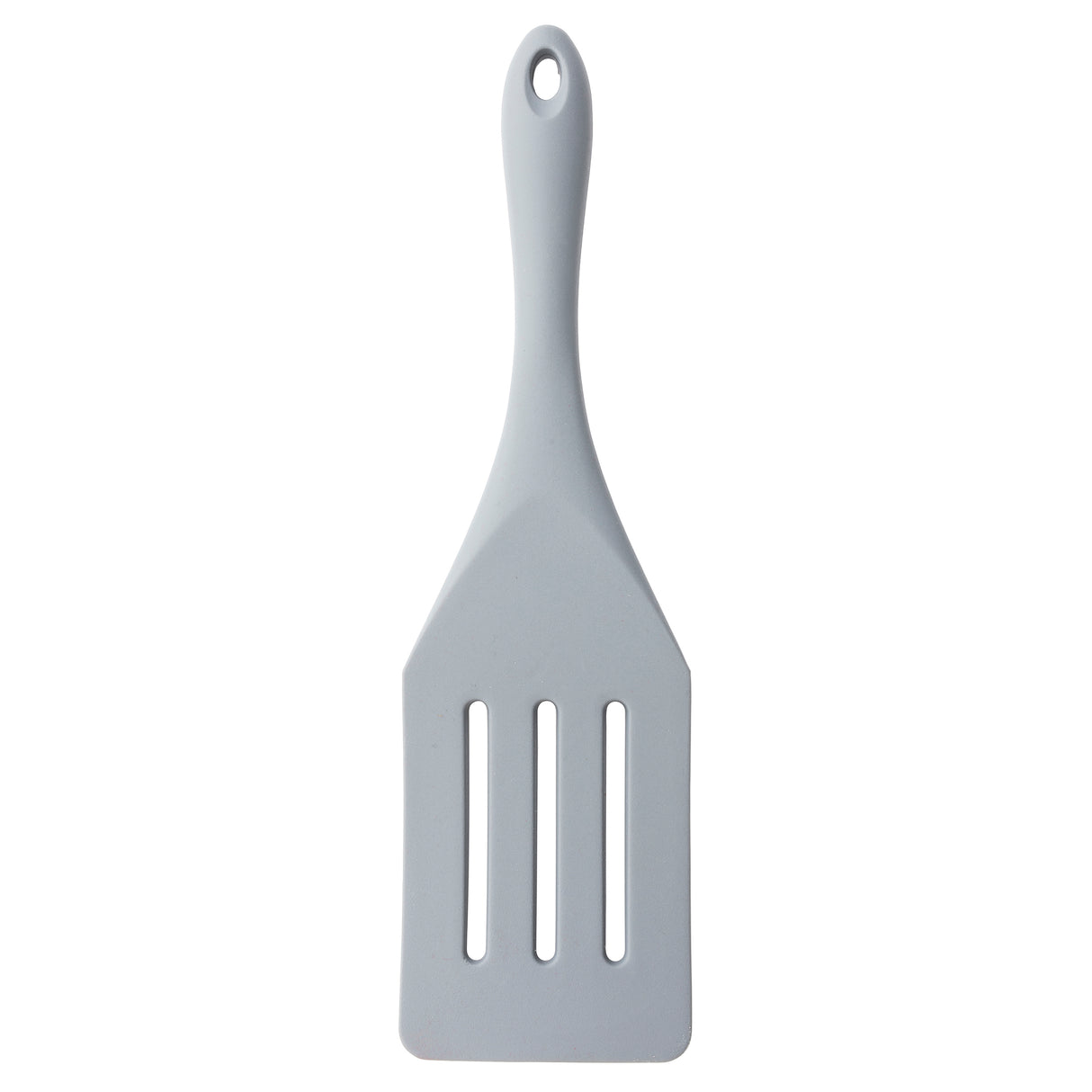 A grey slotted spatula with a rectangular, slotted blade and a slightly curved handle featuring a hanging hole. NSF certified, the spatula is photographed against a white background.
