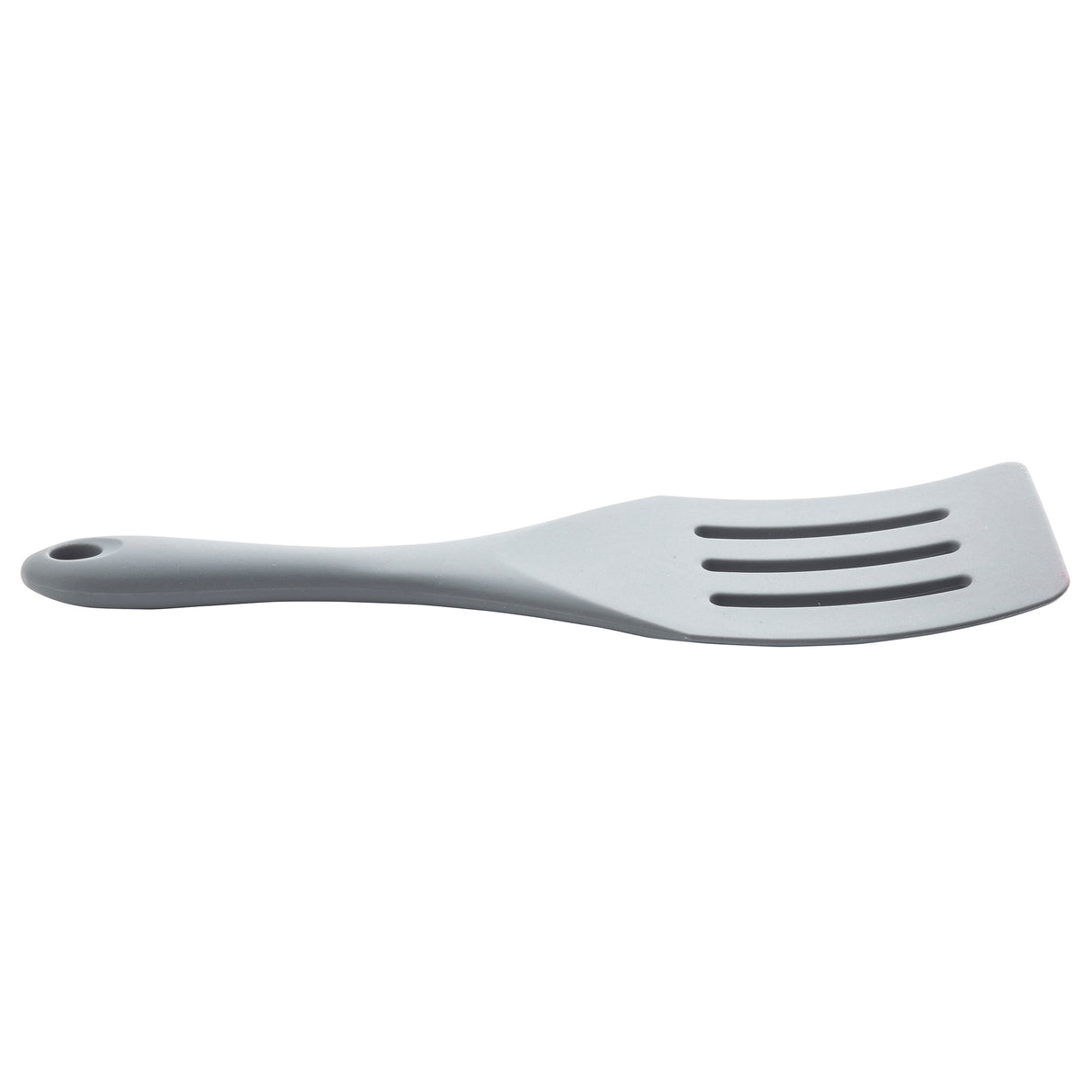 A gray silicone slotted spatula with a flat, rectangular head featuring three long slots and a slightly curved handle with a hole at the end, shown against a white background.