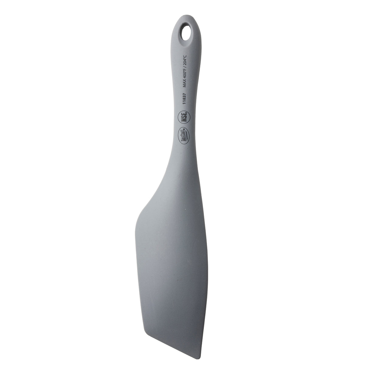 A gray TableCraft silicone spatula with a flat, angled blade and rounded handle featuring a hanging hole. This spatula spurtle offers a smooth surface and markings printed near the handle for added convenience.