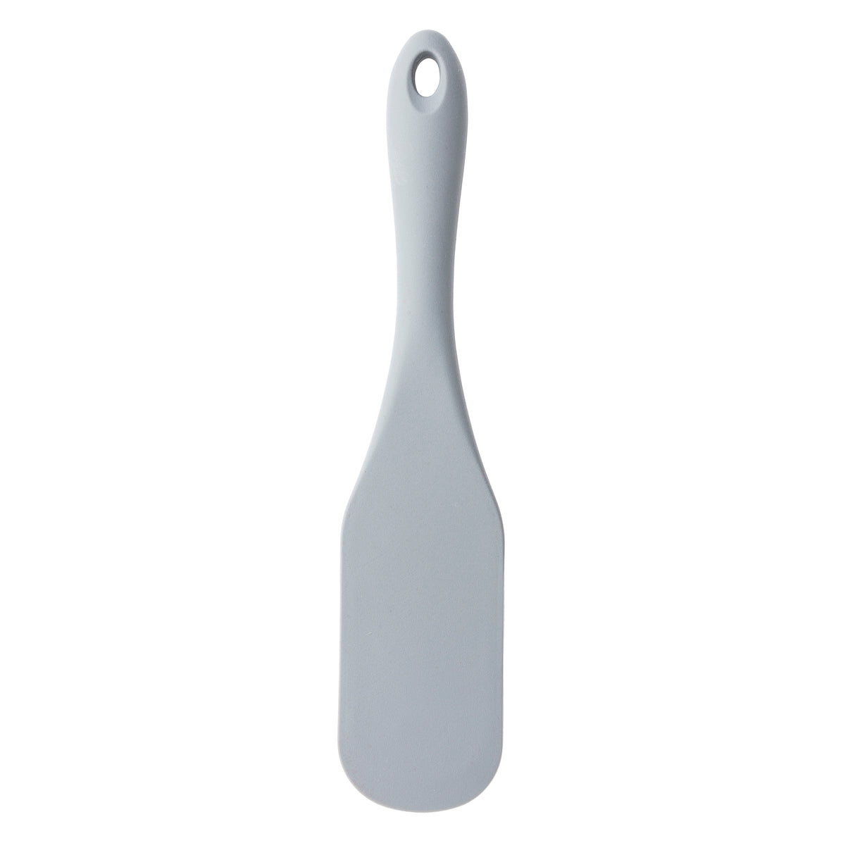 A light gray silicone kitchen utensil spatula with a rounded handle, a flat and wide flexible blade, and a small hole at the top for hanging, photographed on a white background.
