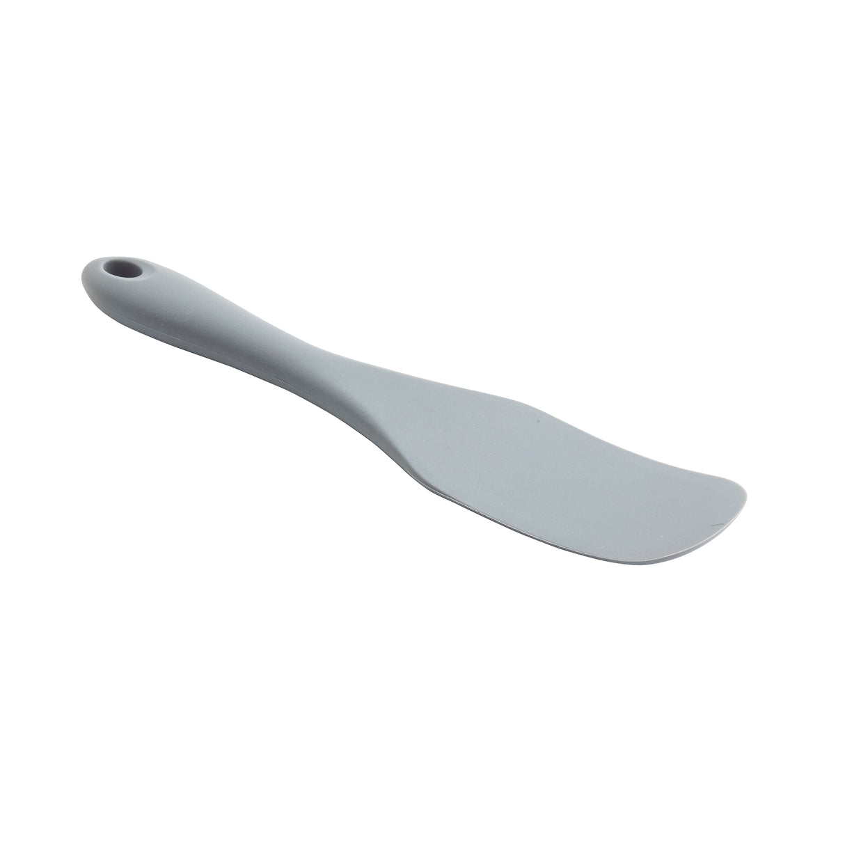 A gray silicone kitchen utensil spatula with a curved, flat blade and a slightly textured handle. The handle has a small hole for hanging. This Solid Spurtle is displayed against a plain white background.