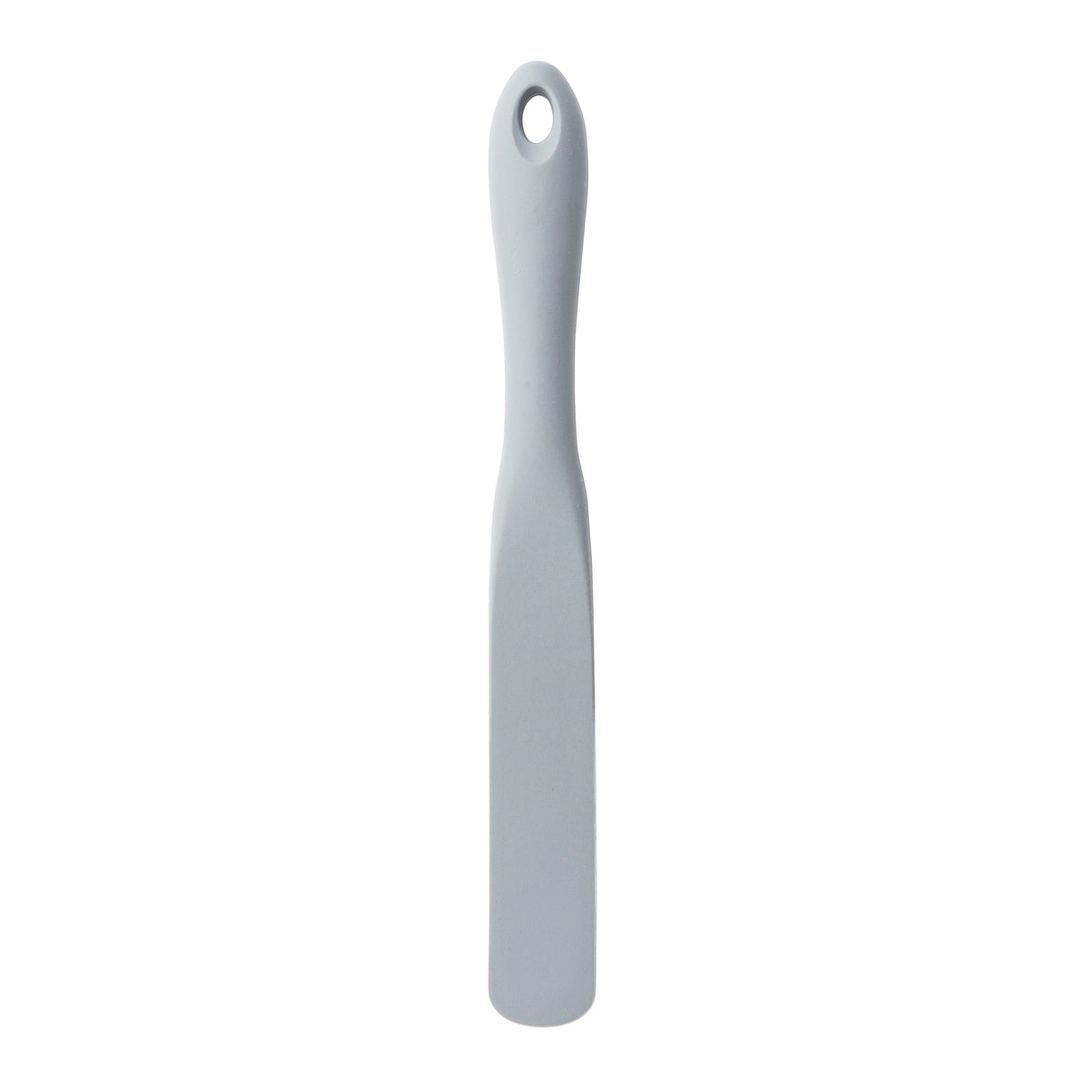 A plain, gray NSF silicone spatula with a narrow, rectangular blade and a rounded handle featuring a hole at the top for hanging. The spatula is photographed vertically against a white background.
