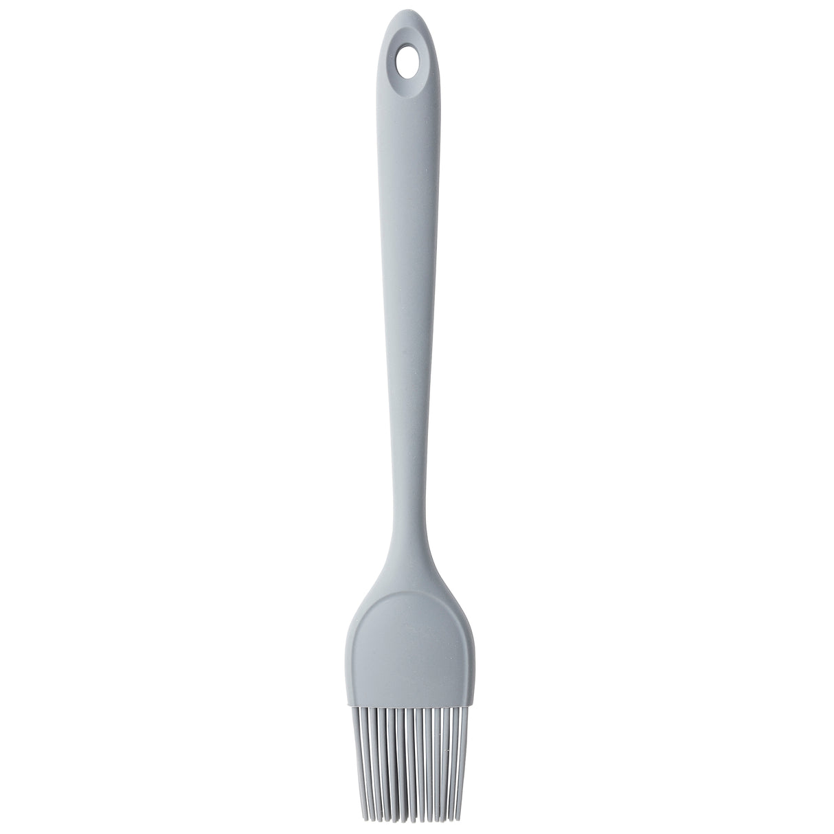A gray silicone basting brush with a long handle and a hanging hole. The NSF-certified bristles are flexible and evenly spaced, perfect for applying sauces or oils in cooking. The basting brush is shown on a white background.