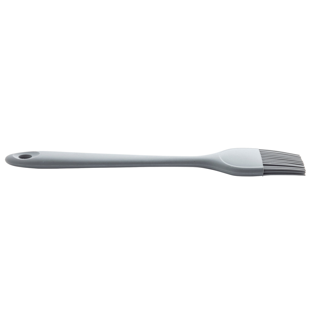 A gray NSF-approved silicone basting brush with a long handle and flexible bristles, shown on a white background. The handle features a hole at the end for easy hanging storage.