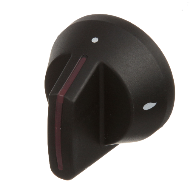 A black plastic gas valve indicator knob, compatible with Blodgett 1184689 and Southbend replacement parts, features a red indicator line and two white dots. Photographed at an angle, it’s ideal for appliances or electronic devices.