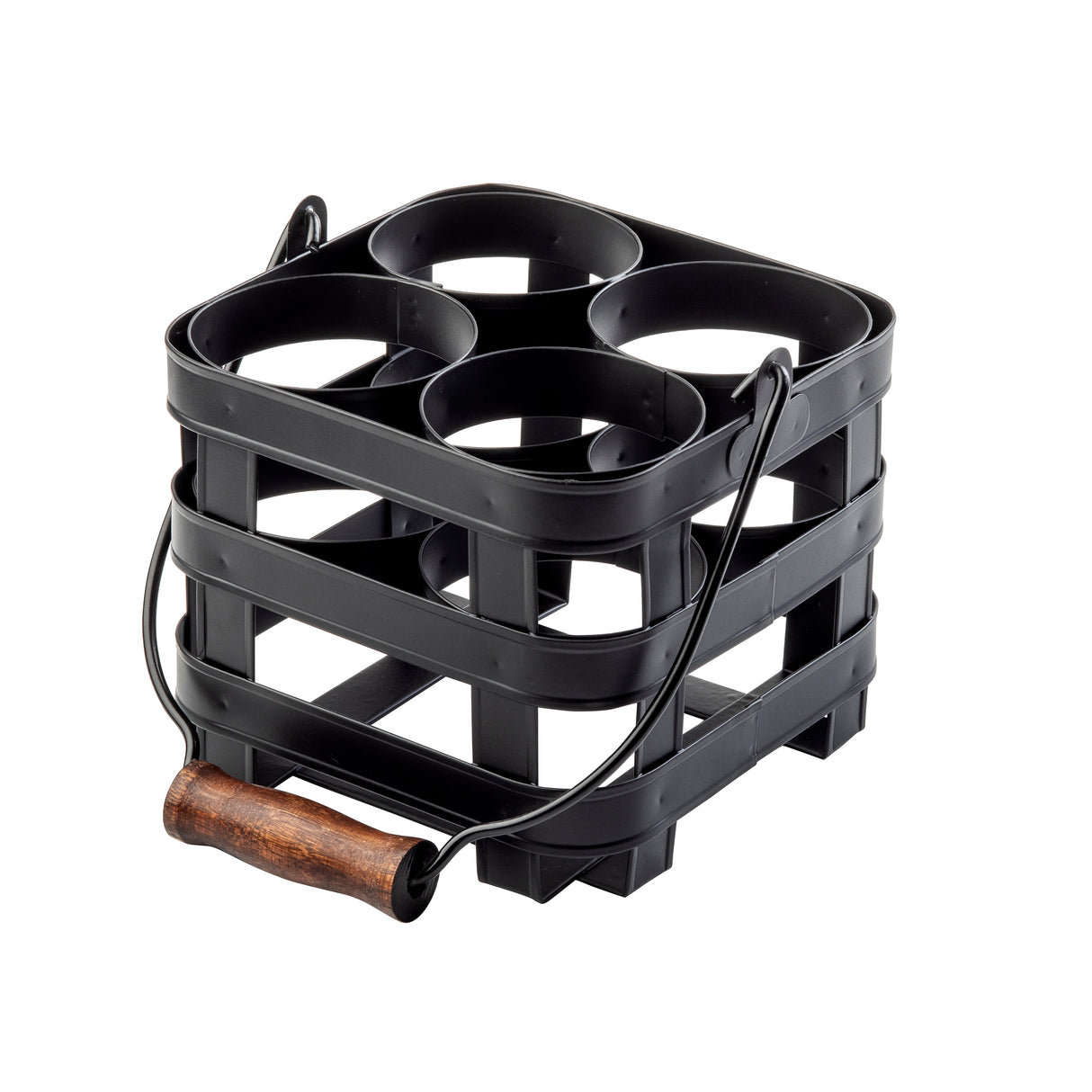 A black, square-shaped galvanized steel caddy from the TableCraft Forge Collection, with four circular compartments, a wooden handle on a wire frame, and open horizontal slats; perfect as a squeeze bottle caddy. Background is plain white.