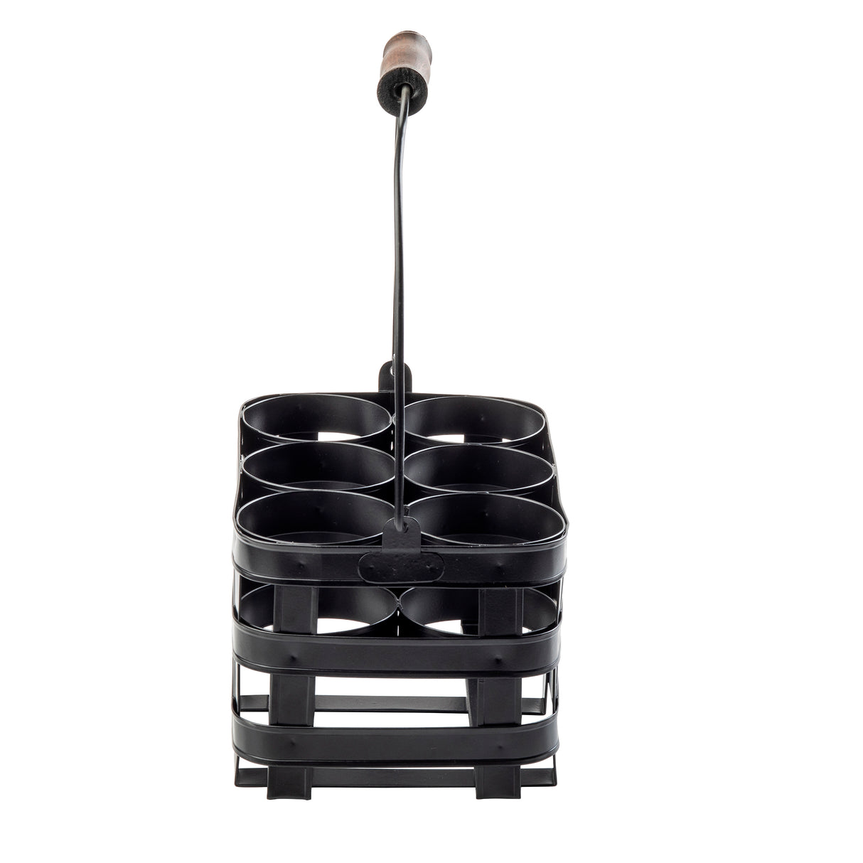 A black metal squeeze bottle caddy with six circular compartments and a tall handle topped with a wooden grip, designed for carrying bottles. Its sturdy, lattice-like structure is photographed against a white background.